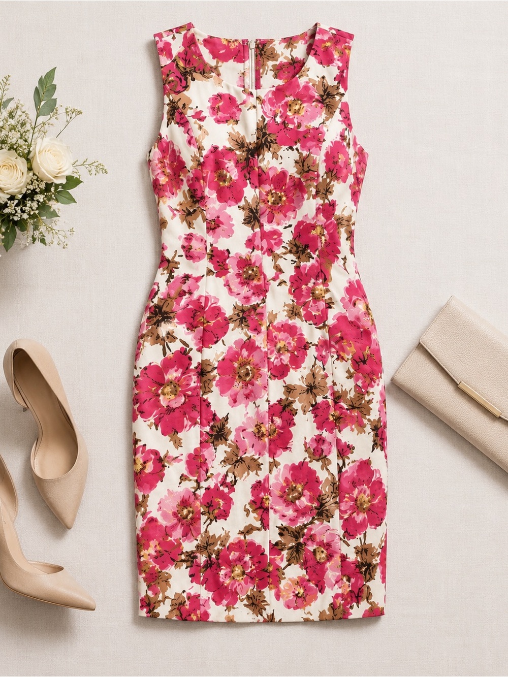 Newport News Sleeveless Floral Sheath Dress in Pink and Cream Size 14W NWT.